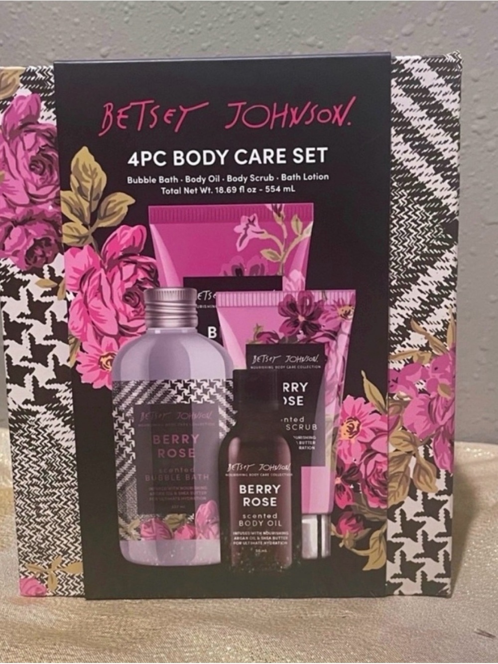Betsey Johnson Pink Floral Berry Rose 4PC Body Care Set